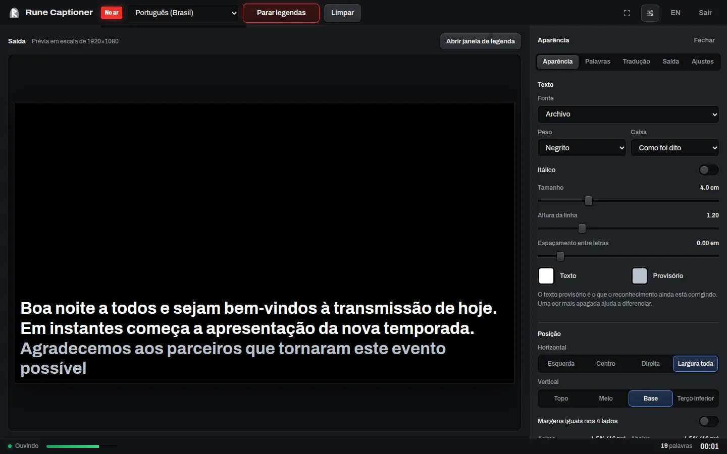 Rune Captioner on air: Portuguese captions in the output preview, the Appearance tab open beside it with font, size and position, and the time and word count at the bottom