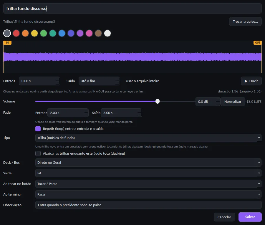 Editor de um áudio do CueGrid: forma de onda com marcas IN e OUT, volume, fade de entrada de 2 segundos e de saída de 3, loop ligado, tipo Trilha, saída PA e uma observação
