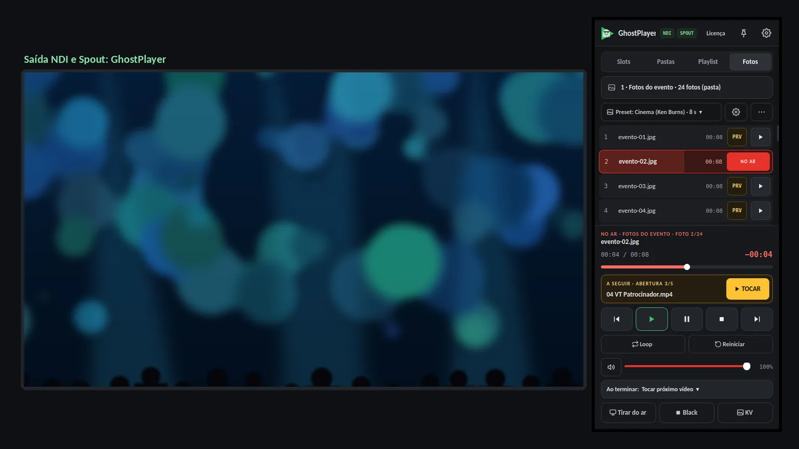 Saída NDI com uma foto do loop em tela cheia e a janela do GhostPlayer na aba Fotos, com o preset Cinema e a foto 2 de 24 no ar