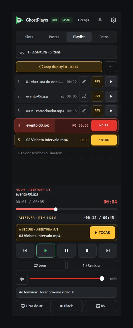 Janela do GhostPlayer na aba Playlist: playlist Abertura com 5 itens entre vídeos e fotos, o item 4 no ar, o 5 a seguir e o tempo restante da playlist