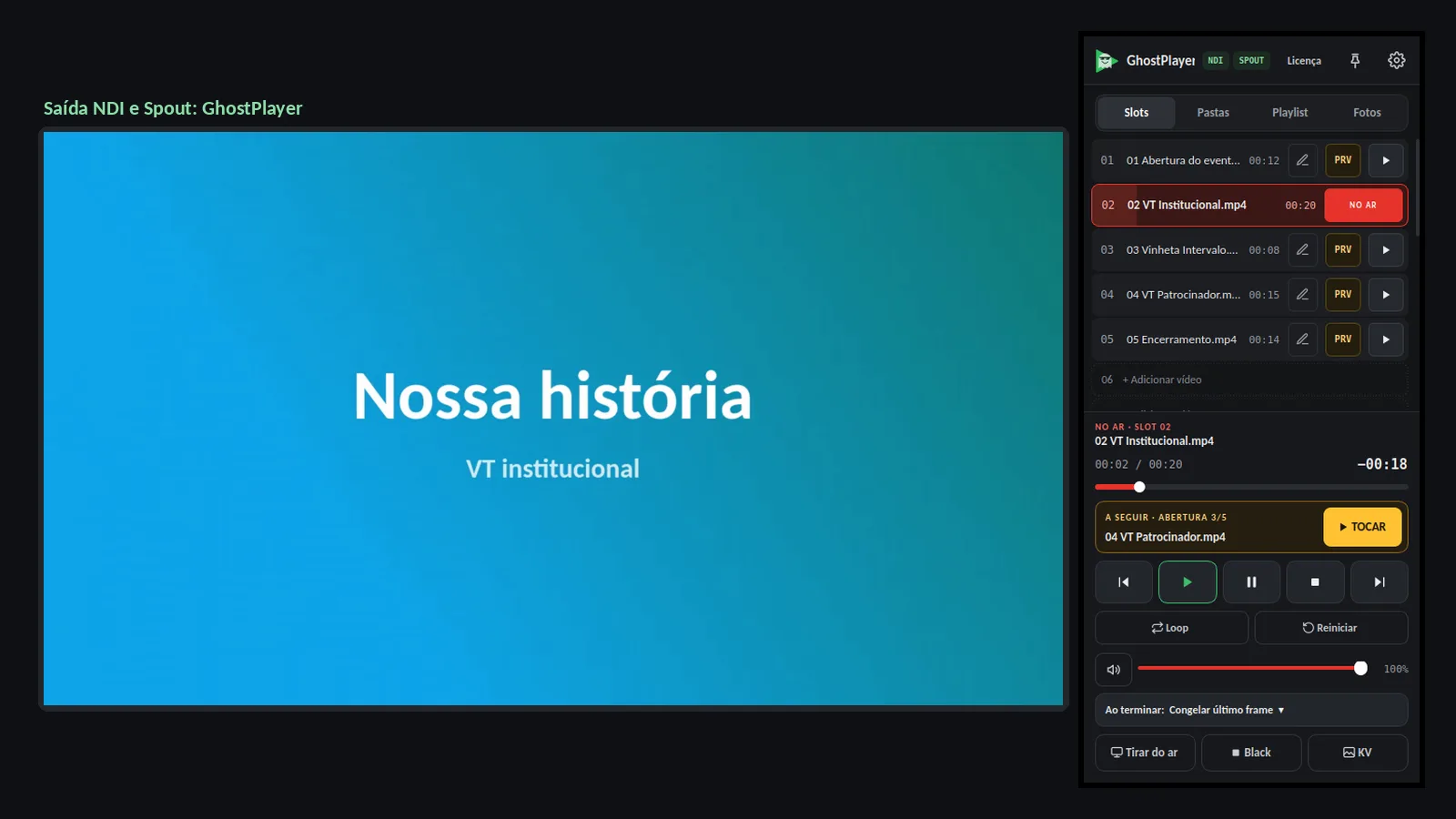 Saída NDI com um VT no ar e a janela do GhostPlayer na aba Pastas, com o VT 02 no ar e a lista de vídeos da pasta
