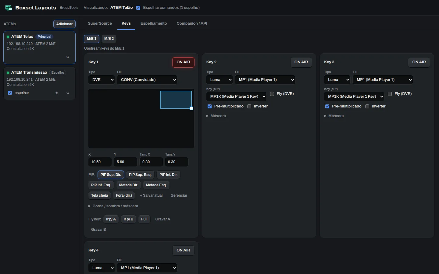 Tela de keys: Key 1 em DVE no ar com o PiP no canto superior direito, presets de PiP e fly key, e os outros keys em luma