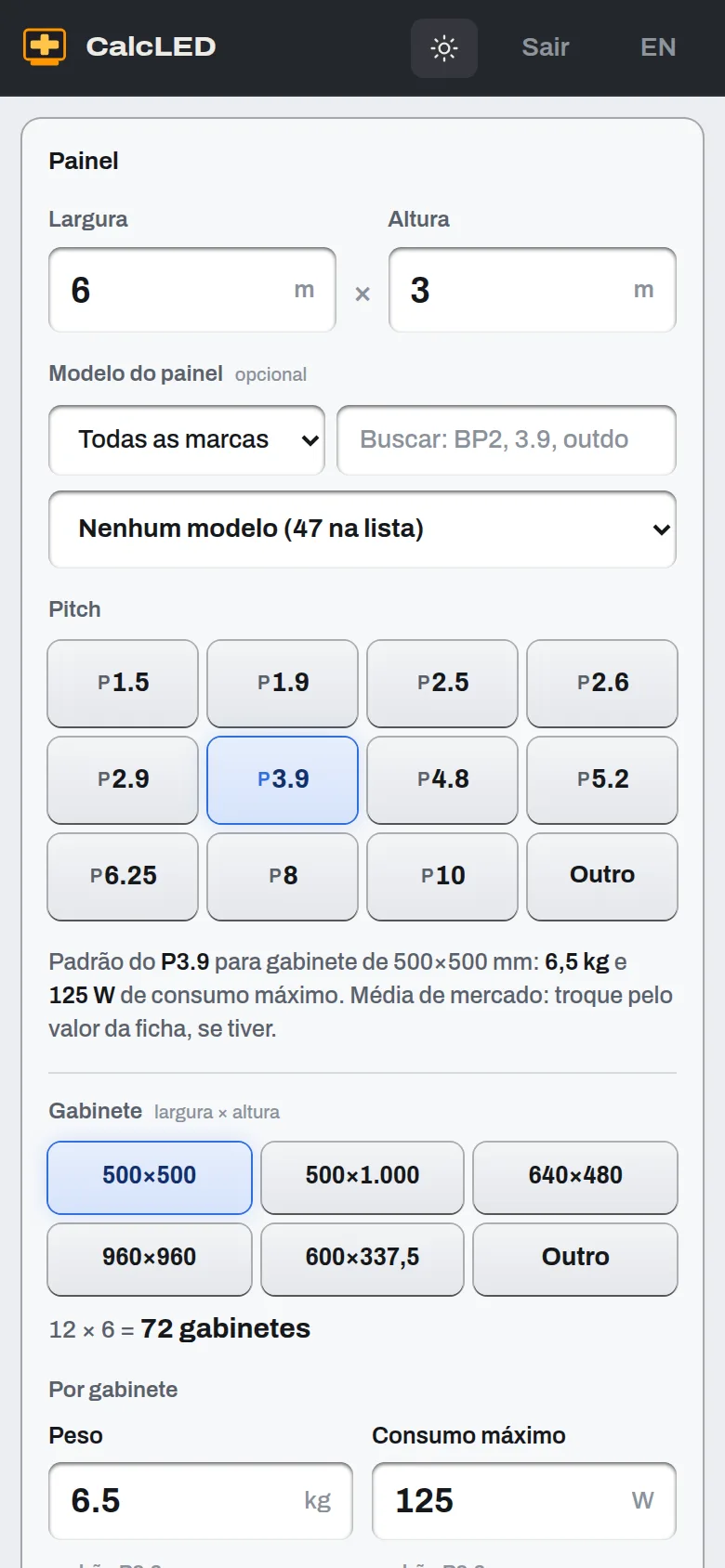 CalcLED no celular com o tema claro: painel de 6 por 3 metros em P3.9, biblioteca de modelos e gabinetes de 500 por 500