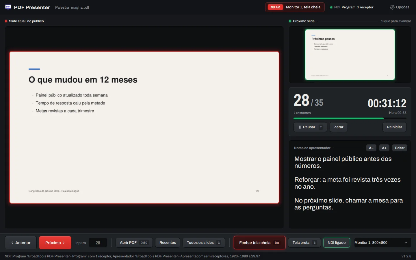 PDF Presenter live: the current slide with a red border, the next slide, the 28 of 35 counter, the timer at 00:31:12, the presenter notes and NDI on