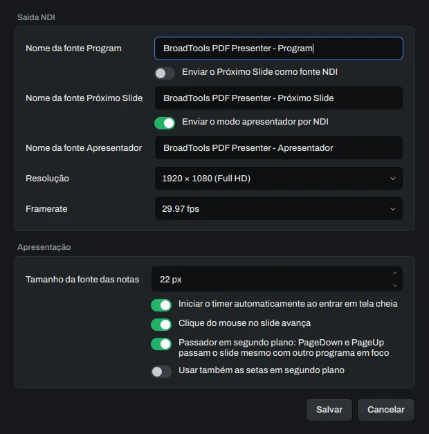 PDF Presenter options: names of the Program, Next Slide and Presenter NDI sources, 1920x1080 resolution, 29.97 fps and the presentation options, such as the background clicker
