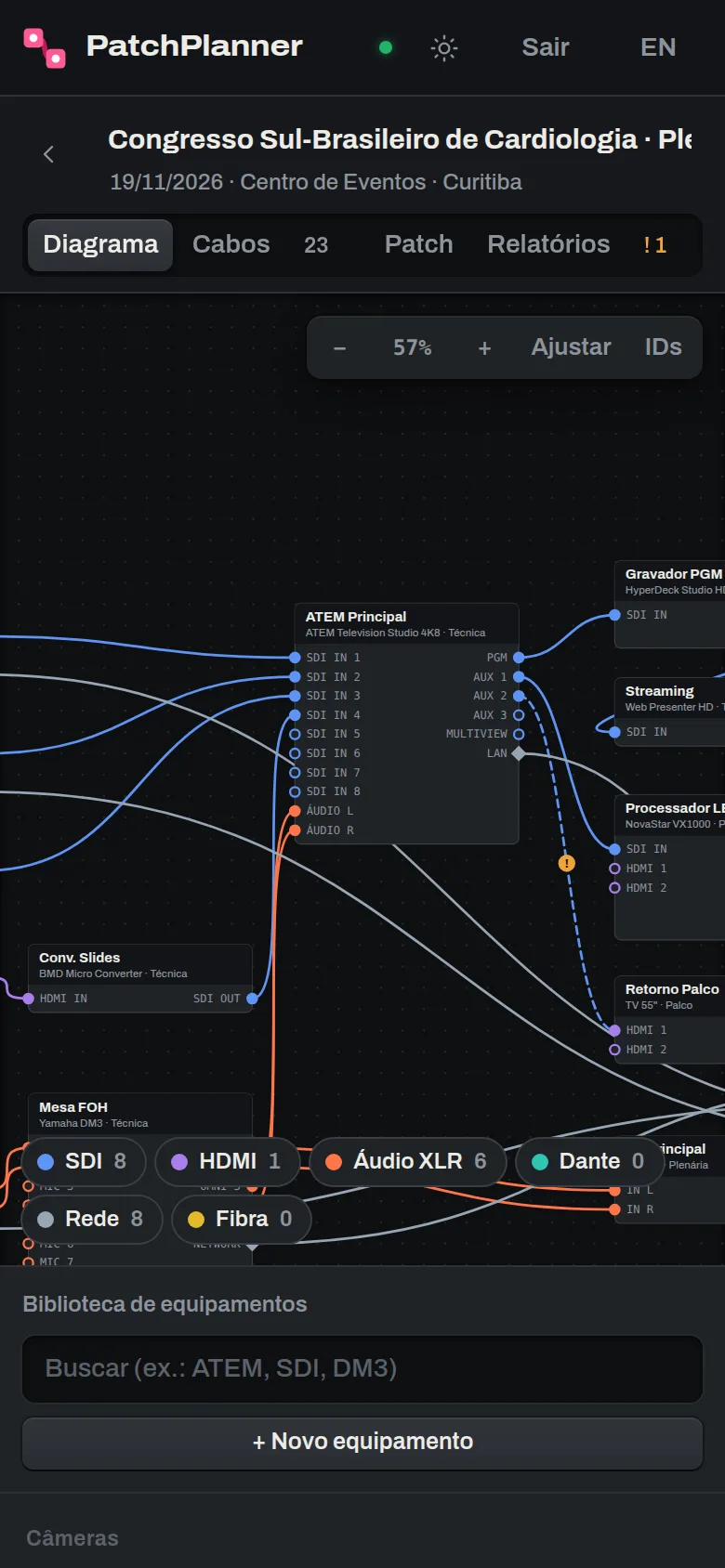 PatchPlanner diagram on a phone, with the Diagram, Cables, Patch and Reports tabs and the gear library