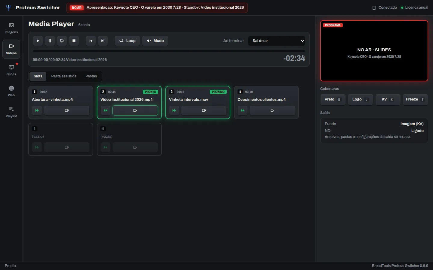 Aba de vídeos do Proteus Switcher: player com tempo restante, Ao terminar em Sai do ar e slots de vídeo com um pronto e outro a seguir