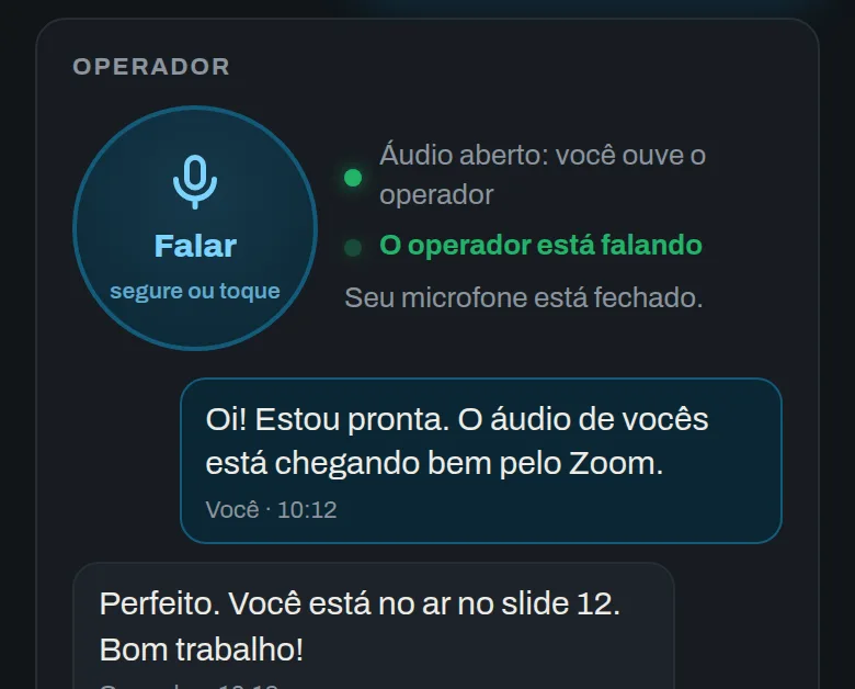 Canal com a técnica na página do remoto: botão Falar, o aviso de que o operador está falando e as mensagens de texto