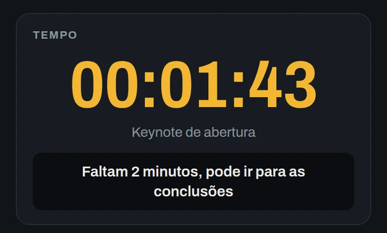 Tempo do Over Timer na página do remoto: 00:01:43 em amarelo e a mensagem Faltam 2 minutos, pode ir para as conclusões