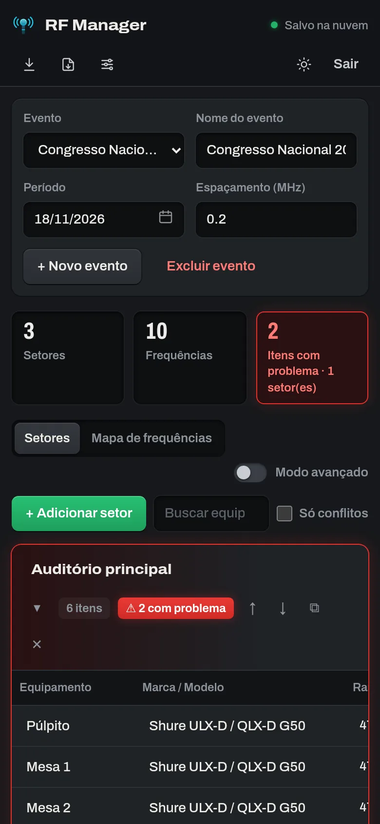 RF Manager on a phone: the event with 3 zones, 10 frequencies and 2 items with problems, and the Main auditorium zone with 2 conflicts