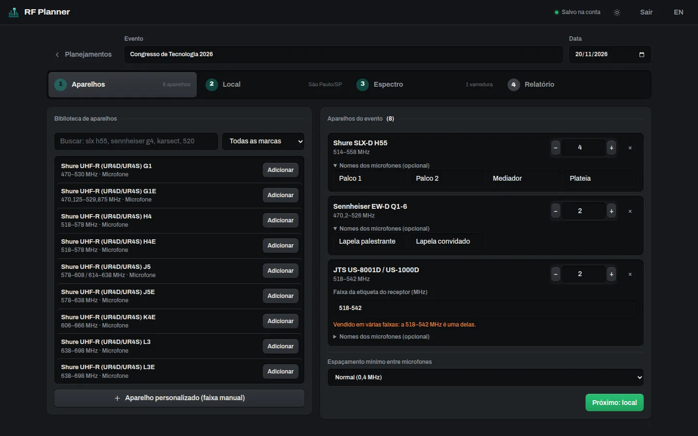 RF Planner Devices step: the library with Shure, Sennheiser and JTS models and the event list with 8 named devices