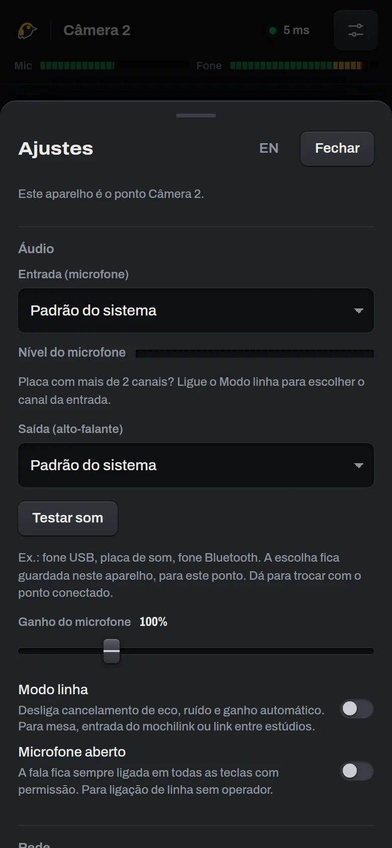 Camera 2 station settings on a phone: audio input and output, Test sound, mic gain, Line mode and Open mic