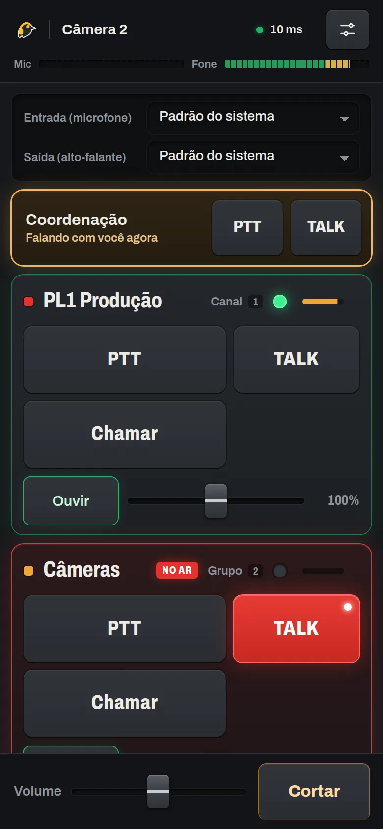Camera 2 beltpack on a phone: audio input and output, Coordination talking to you now and the PL1 Production and Cameras keys with PTT, TALK, Call and Listen