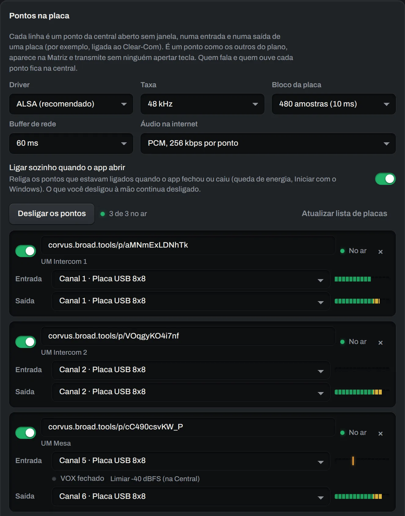 Stations on the interface in the Corvus Intercom app: three mobile unit stations, each with its corvus.broad.tools link, interface input and output, meters and On the air