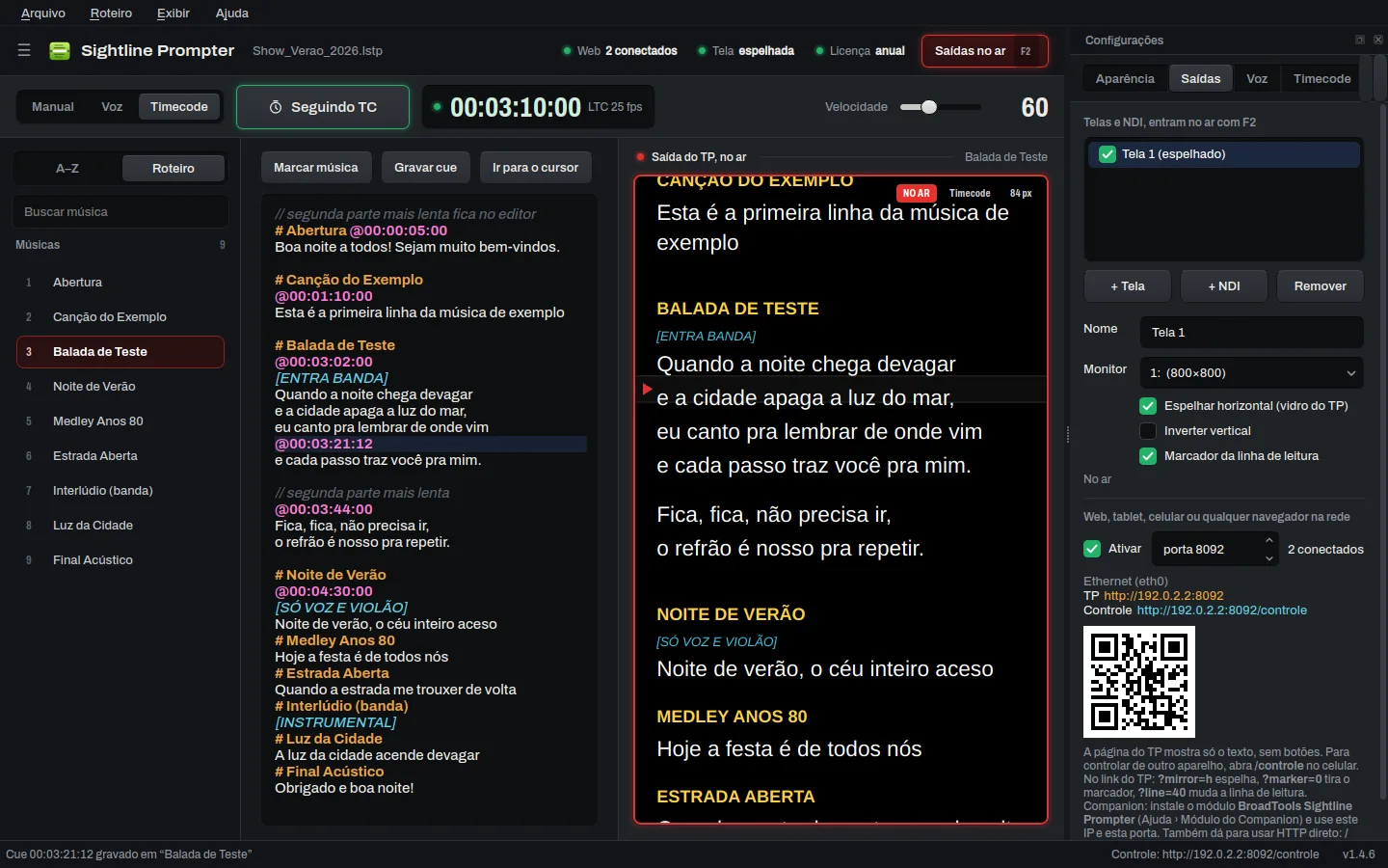 Configurações do Sightline Prompter na aba Saídas: Tela 1 espelhada, botões +Tela e +NDI, porta web 8092 com 2 conectados e o QR code