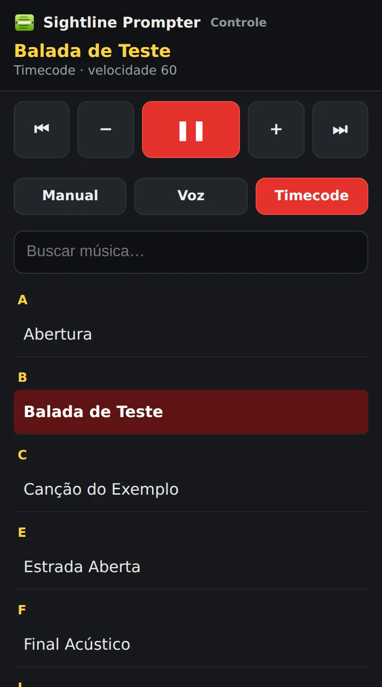Controle do Sightline Prompter no celular: Balada de Teste no modo Timecode, botões de transporte, Manual, Voz e Timecode e a lista de músicas de A a Z com busca